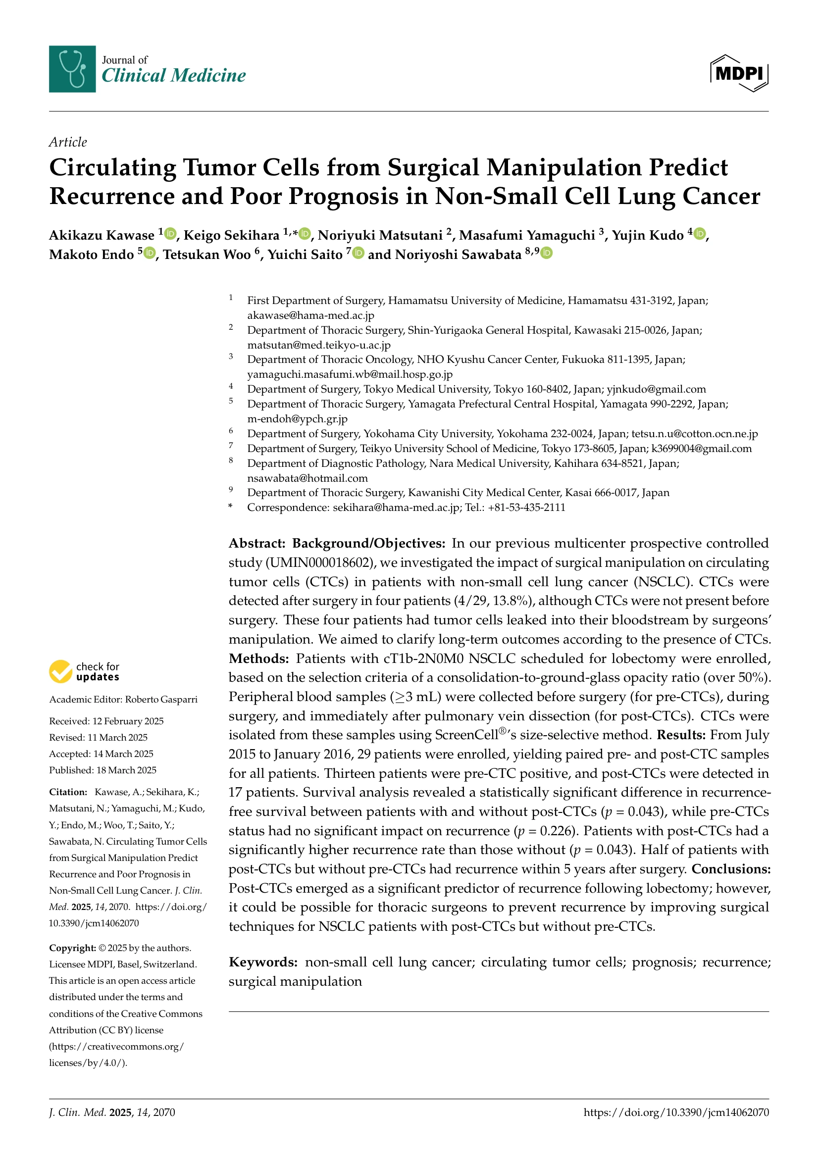 Circulating Tumor Cells from Surgical Manipulation Predict 01