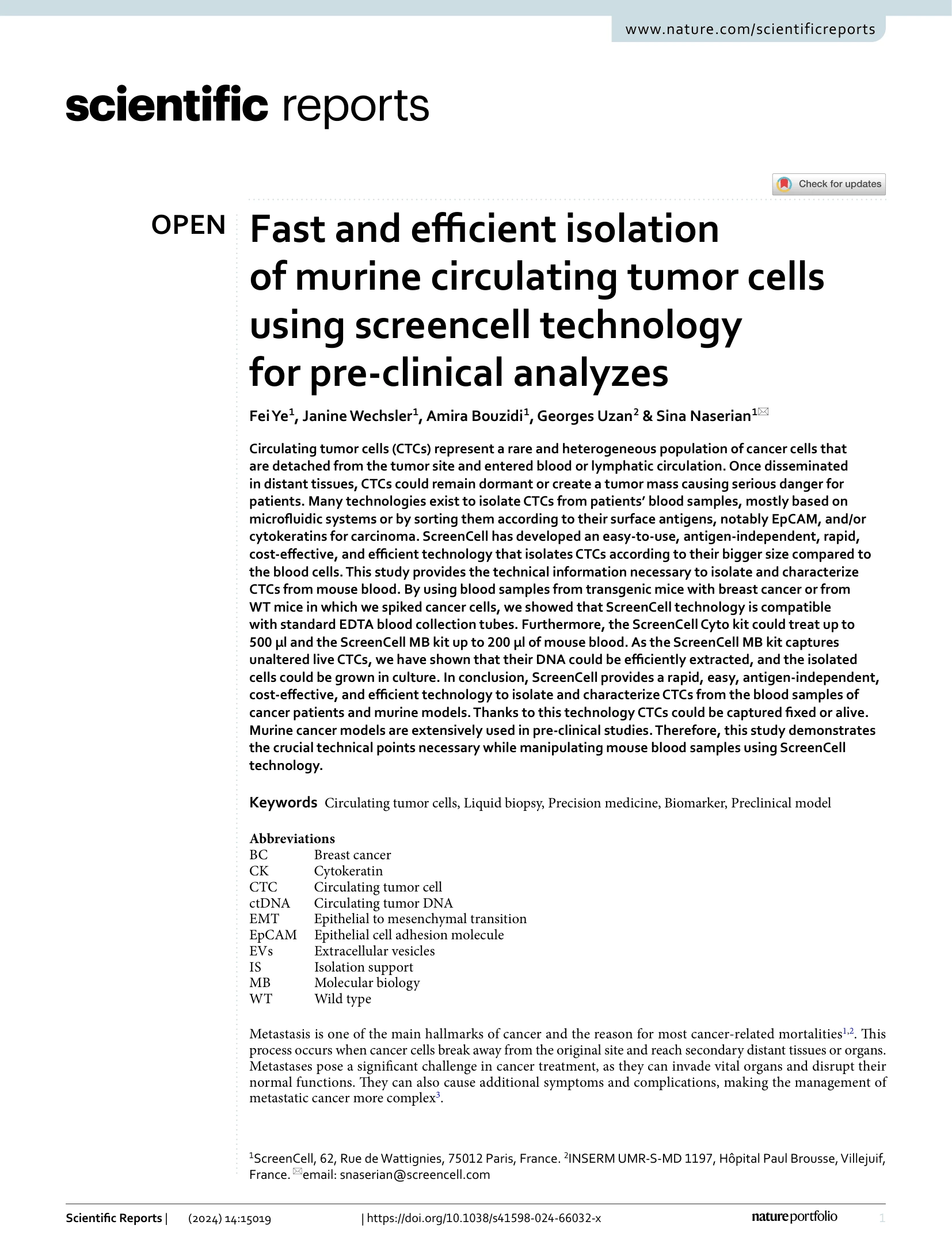 Fast and efficient isolation of murine circulating tumor cells using screencell technology for pre c 01